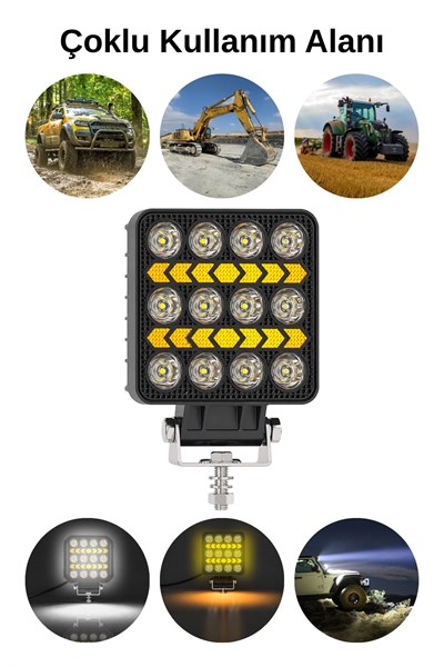 2 Adet 20W 12 LED Kare Off Road Sarı Çakar Modlu Aydınlatma Ledi Çalışma Lambası Demir Döküm Siyah Renk