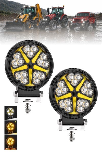 2 Adet 20W 15 LED Yuvarlak Off Road Sarı Çakar Modlu Aydınlatma Ledi Çalışma Lambası Demir Döküm Siyah Renk