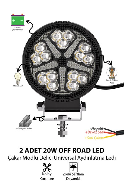2 Adet 20W 15 LED Yuvarlak Off Road Sarı Çakar Modlu Aydınlatma Ledi Çalışma Lambası Demir Döküm Siyah Renk