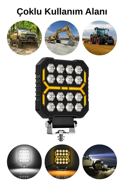 2 Adet 20W 16 LED Dikdörtgen Off Road Çakar Modlu Aydınlatma Ledi Çalışma Lambası Demir Döküm Siyah Renk