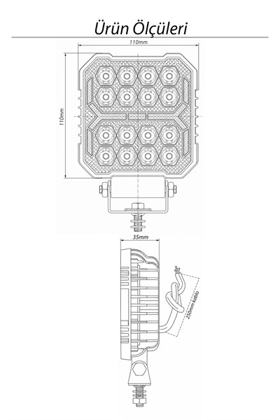 2 Adet 20W 16 LED Dikdörtgen Off Road Çakar Modlu Aydınlatma Ledi Çalışma Lambası Demir Döküm Siyah Renk