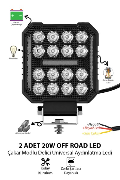 2 Adet 20W 16 LED Dikdörtgen Off Road Çakar Modlu Aydınlatma Ledi Çalışma Lambası Demir Döküm Siyah Renk
