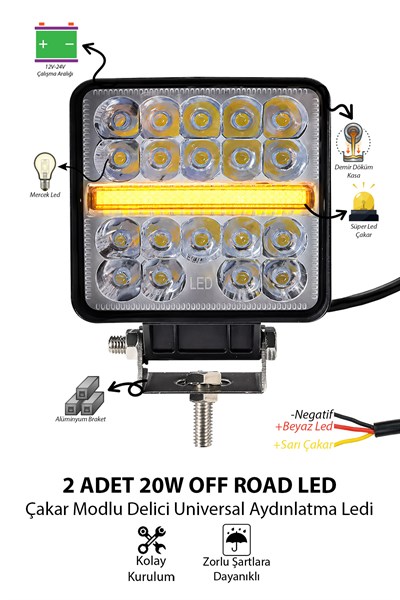 2 Adet 20W 19 LED Kare 11 Cm Off Road Çakar Modlu Aydınlatma Ledi Çalışma Lambası Demir Döküm Siyah Renk
