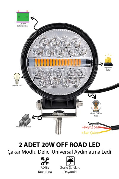2 Adet 20W 18 LED Yuvarlak Off Road Çakar Modlu Aydınlatma Ledi Çalışma Lambası Demir Döküm Siyah Renk
