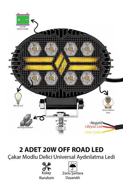 2 Adet 20W 8 LED Oval Off Road Sarı Çakar Modlu Aydınlatma Ledi Çalışma Lambası Demir Döküm Siyah Renk