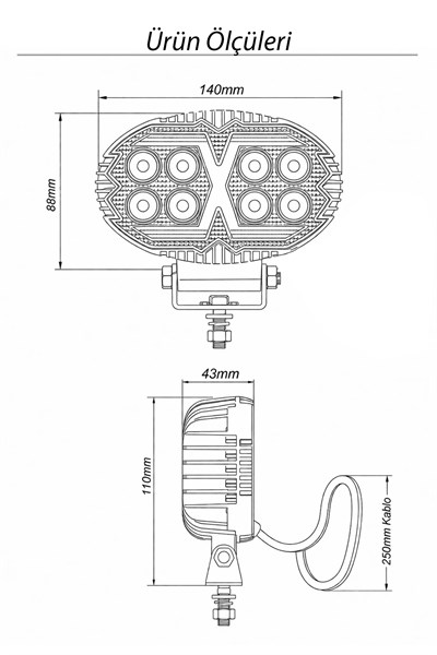 2 Adet 20W 8 LED Oval Off Road Sarı Çakar Modlu Aydınlatma Ledi Çalışma Lambası Demir Döküm Siyah Renk