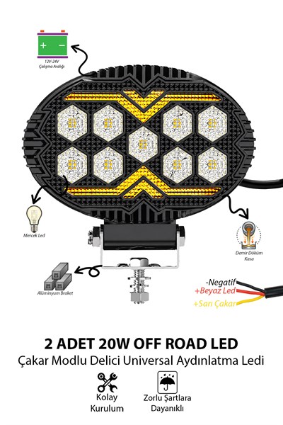 2 Adet 20W 9 LED Oval Off Road Çakar Modlu Aydınlatma Ledi Çalışma Lambası Demir Döküm Siyah Renk
