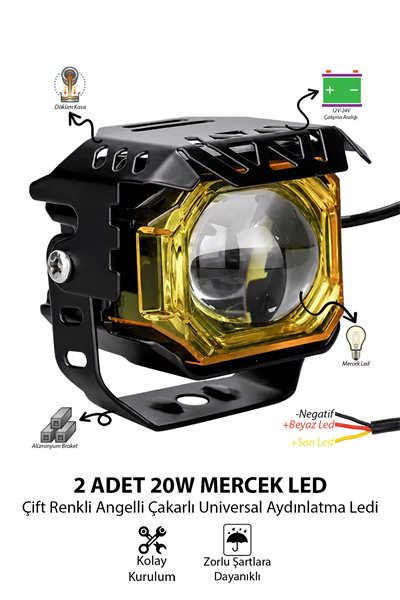 2 Adet 20W Çift Mercekli Angelli Motosiklet Sis Lambası Çift Renkli Beyaz Sarı ve Çakarlı 12V-24V Döküm Gövde Sarı