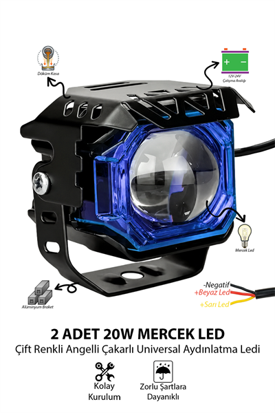 2 Adet 20W Çift Mercekli Angelli Motosiklet Sis Lambası Çift Renkli Beyaz Sarı ve Çakarlı 12V-24V Döküm Gövde Mavi