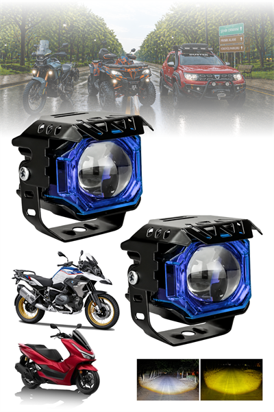 2 Adet 20W Çift Mercekli Angelli Motosiklet Sis Lambası Çift Renkli Beyaz Sarı ve Çakarlı 12V-24V Döküm Gövde Mavi