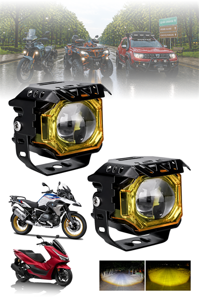 2 Adet 20W Çift Mercekli Angelli Motosiklet Sis Lambası Çift Renkli Beyaz Sarı ve Çakarlı 12V-24V Döküm Gövde Sarı