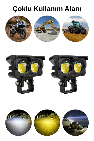 Motosiklet Led Sis Farı 2 ADET Çift Renk Beyaz-Sarı Işık 12V-24V Metal Gövde 20W Güçlü Işık Güvenli Sürüş İçin Led Lamba
