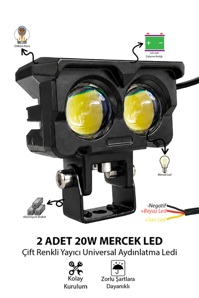 Motosiklet Led Sis Farı 2 ADET Çift Renk Beyaz-Sarı Işık 12V-24V Metal Gövde 20W Güçlü Işık Güvenli Sürüş İçin Led Lamba