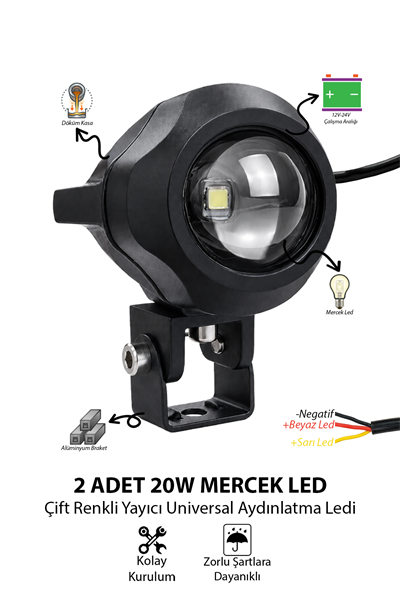 Motosiklet Sis Lambası 2 ADET Mercekli Çift Renkli Beyaz ve Sarı 12V-24V Döküm Gövde 20 W