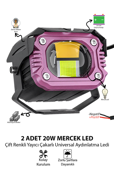 2 Adet 20W Mercekli Motosiklet Sis Lambası Çift Renkli Beyaz Sarı ve Çakarlı 12V-24V Demir Döküm Gövde