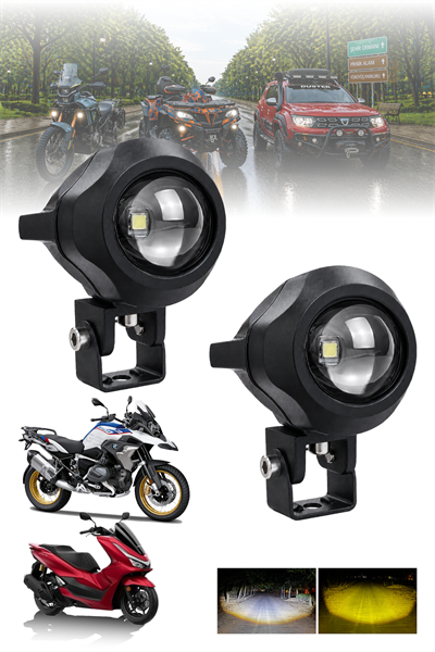 Motosiklet Sis Lambası 2 ADET Mercekli Çift Renkli Beyaz ve Sarı 12V-24V Döküm Gövde 20 W