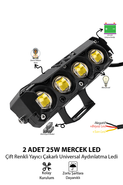 2 Adet 25W 4 Mercekli Motosiklet Sis Lambası Çift Renkli Beyaz Sarı 12V-24V Demir Döküm Siyah
