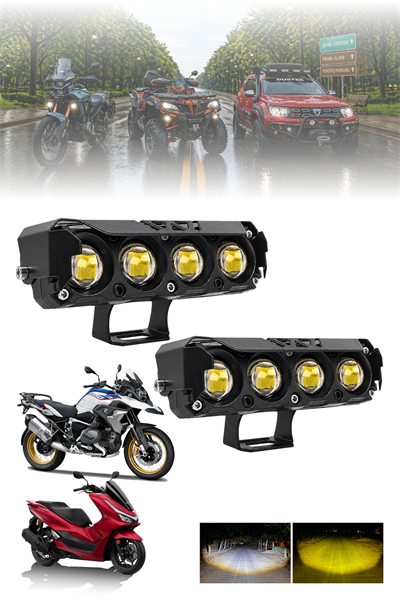 2 Adet 25W 4 Mercekli Motosiklet Sis Lambası Çift Renkli Beyaz Sarı 12V-24V Demir Döküm Siyah
