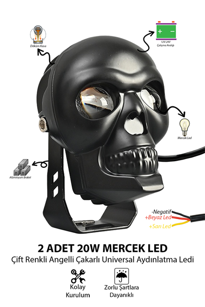 2 Adet 25W Çift Mercekli Kuru Kafalı Motosiklet Sis Lambası Çift Renkli Beyaz ve Sarı 12V-24V Döküm Gövde Siyah
