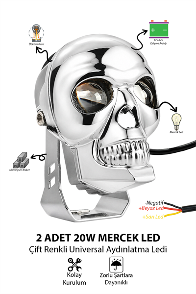 2 Adet 25W Çift Mercekli Kuru Kafalı Motosiklet Sis Lambası Çift Renkli Beyaz ve Sarı 12V-24V Döküm Gövde Gümüş