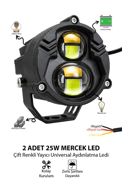 2 Adet 25W Çift Mercekli Motosiklet Sis Lambası Çift Renkli Beyaz ve Sarı 12V-24V Döküm Gövde