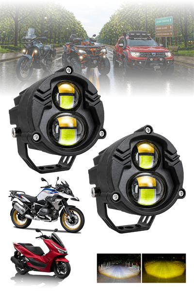 2 Adet 25W Çift Mercekli Motosiklet Sis Lambası Çift Renkli Beyaz ve Sarı 12V-24V Döküm Gövde