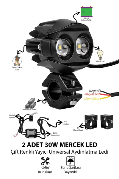 2 Adet 30W Çift Mercekli Motosiklet Sis Lambası Çift Renkli Beyaz LED Sarı Çakar Modlu 12V-24V Kontrol Butonlu Demir Döküm Siyah Renk