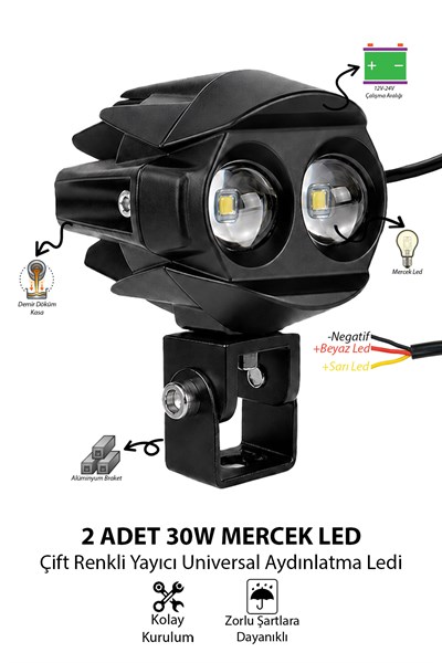 2 Adet 30W Çift Mercekli Motosiklet Sis Lambası Çift Renkli 12V-24V Demir Döküm Kasa Siyah