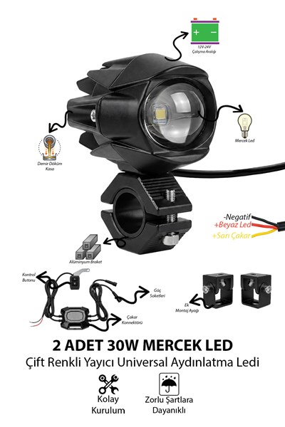 2 Adet 30W Tek Mercekli Motosiklet Sis Lambası Çift Renkli Beyaz Sarı ve Çakar Modlu 12V-24V Kontrol Butonlu Demir Döküm Siyah Renk