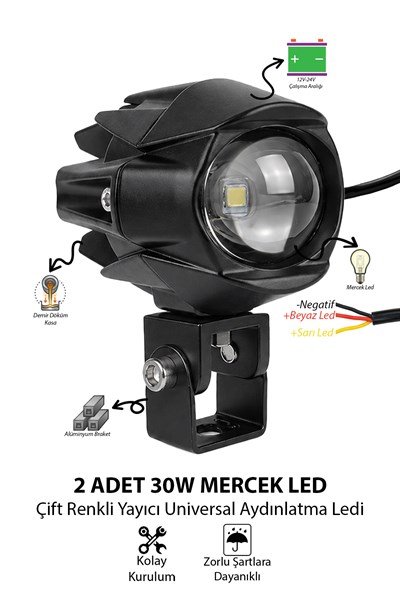 2 Adet 30W Tek Mercekli Motosiklet Sis Lambası Çift Renkli 12V-24V Demir Döküm Kasa Siyah