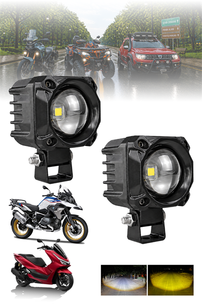 2 Adet 30W Tek Mercekli Motosiklet Sis Lambası Çift Renkli Beyaz Sarı 12V-24V Demir Döküm Siyah