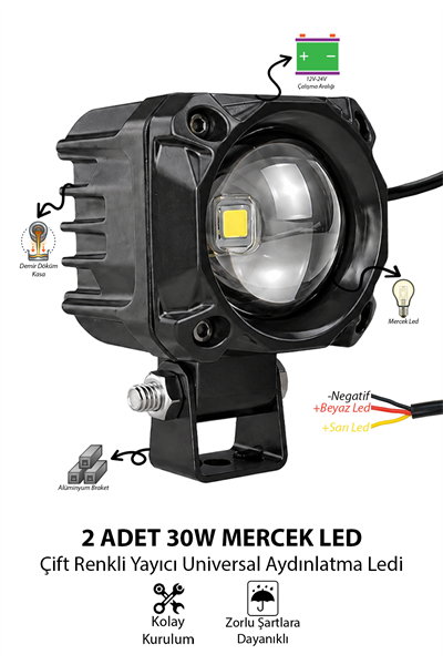 2 Adet 30W Tek Mercekli Motosiklet Sis Lambası Çift Renkli Beyaz Sarı 12V-24V Demir Döküm Siyah