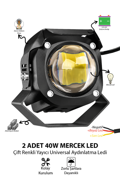 2 Adet 40W Mercekli Motosiklet Sis Lambası Çift Renkli Beyaz Sarı 12V-24V Demir Döküm Siyah