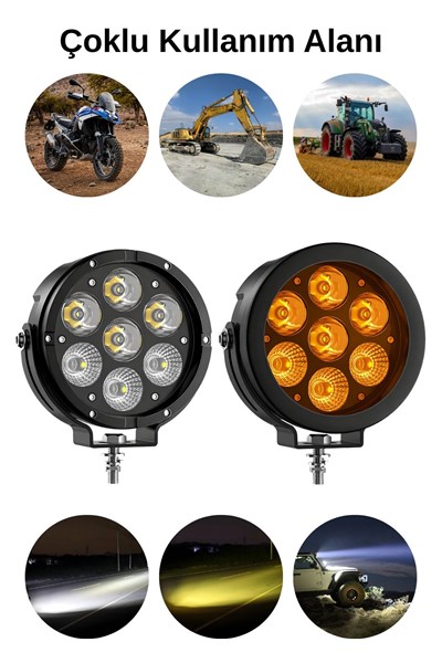 2 Adet 45W 7 Mercekli Sis Filtreli Yayıcı Motosiklet Off Road Aydınlatma Ledi Beyaz LED Sarı Çakar Modlu 12V-24V Kablo Setli Demir Döküm Siyah Renk