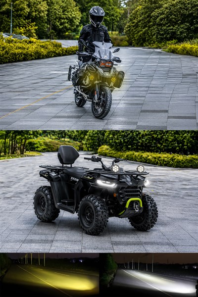 2 Adet 45W 7 Mercekli Sis Filtreli Yayıcı Motosiklet Off Road Aydınlatma Ledi Beyaz LED Sarı Çakar Modlu 12V-24V Kablo Setli Demir Döküm Siyah Renk