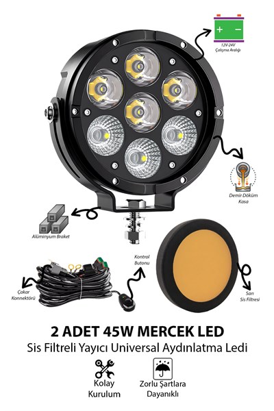 2 Adet 45W 7 Mercekli Sis Filtreli Yayıcı Motosiklet Off Road Aydınlatma Ledi Beyaz LED Sarı Çakar Modlu 12V-24V Kablo Setli Demir Döküm Siyah Renk
