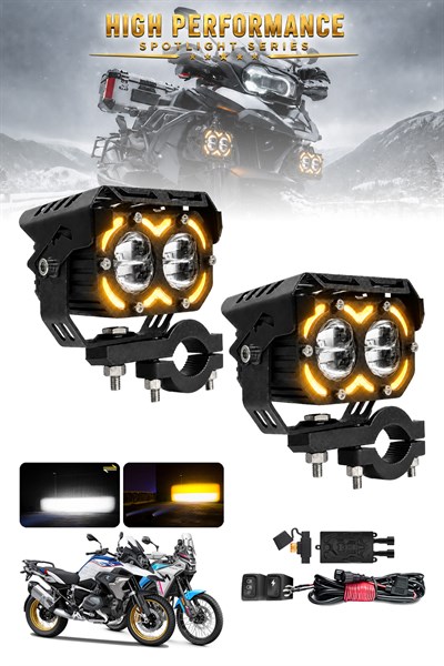 2 Adet Angel Çizgili Çift Mercekli Motosiklet Sis Lambası Sis Filtreli Beyaz LED Sarı Çakar Modlu 12V-24V Çakar Modüllü Kablo Setli Siyah Renk