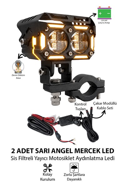 2 Adet Angel Çizgili Çift Mercekli Motosiklet Sis Lambası Sis Filtreli Beyaz LED Sarı Çakar Modlu 12V-24V Çakar Modüllü Kablo Setli Siyah Renk