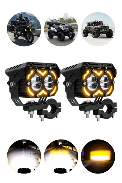 2 Adet Angel Çizgili Çift Mercekli Motosiklet Sis Lambası Sis Filtreli Beyaz LED Sarı Çakar Modlu 12V-24V Çakar Modüllü Kablo Setli Siyah Renk