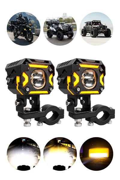 2 Adet Angel Çizgili Mercekli Motosiklet Sis Lambası Sis Filtreli Beyaz LED Sarı Çakar Modlu 12V-24V Çakar Modüllü Kablo Setli Siyah Renk