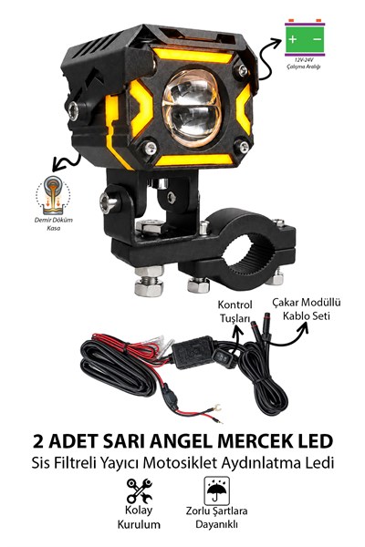 2 Adet Angel Çizgili Mercekli Motosiklet Sis Lambası Sis Filtreli Beyaz LED Sarı Çakar Modlu 12V-24V Çakar Modüllü Kablo Setli Siyah Renk
