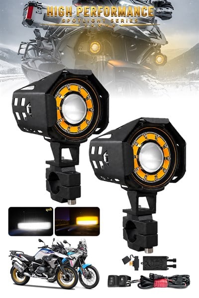 2 Adet Angel Halkalı Mercekli Motosiklet Sis Lambası Sis Filtreli Beyaz LED Sarı Çakar Modlu 12V-24V Çakar Modüllü Kablo Setli Siyah Renk