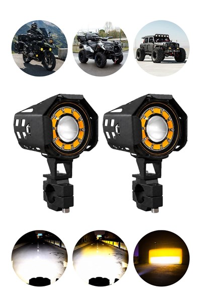 2 Adet Angel Halkalı Mercekli Motosiklet Sis Lambası Sis Filtreli Beyaz LED Sarı Çakar Modlu 12V-24V Çakar Modüllü Kablo Setli Siyah Renk