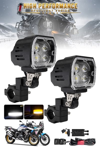 2 Adet Angel Mercekli Motosiklet Sis Lambası Sis Filtreli Yayıcı Beyaz LED Sarı Çakar Modlu 12V-24V Çakar Modüllü Kablo Setli Demir Döküm Siyah Renk