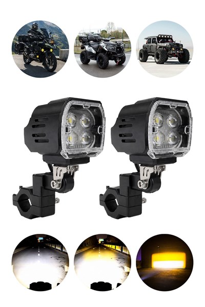 2 Adet Angel Mercekli Motosiklet Sis Lambası Sis Filtreli Yayıcı Beyaz LED Sarı Çakar Modlu 12V-24V Çakar Modüllü Kablo Setli Demir Döküm Siyah Renk