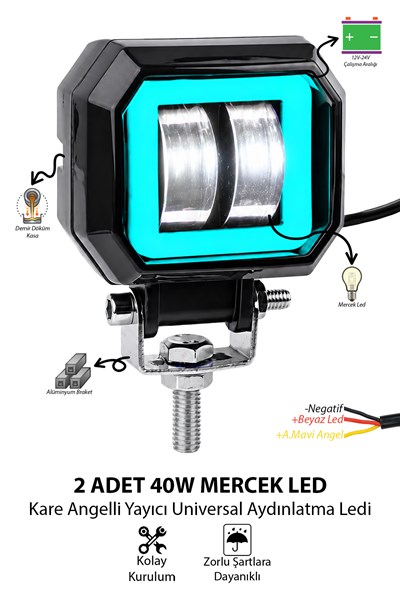 2 Adet Kare Angelli Mercekli Motosiklet Sis Lambası Açık Mavi