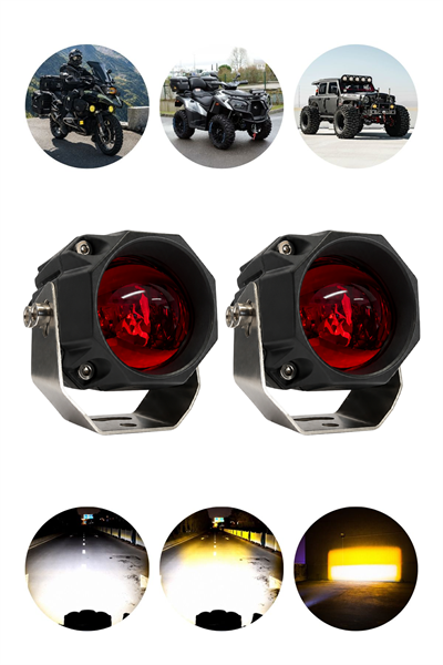 2 Adet Kırmızı Mercekli Motosiklet Sis Lambası Sis Filtreli Yayıcı Beyaz LED Sarı Çakar Modlu 12V-24V Çakar Modüllü Kablo Setli Demir Döküm Siyah Renk