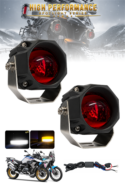 2 Adet Kırmızı Mercekli Motosiklet Sis Lambası Sis Filtreli Yayıcı Beyaz LED Sarı Çakar Modlu 12V-24V Çakar Modüllü Kablo Setli Demir Döküm Siyah Renk