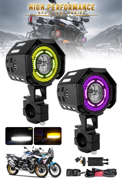 2 Adet RGB Angel Halkalı Mercekli Motosiklet Sis Lambası Sis Filtreli Beyaz LED Sarı Çakar Modlu 12V-24V Çakar Modüllü Kablo Setli Siyah Renk
