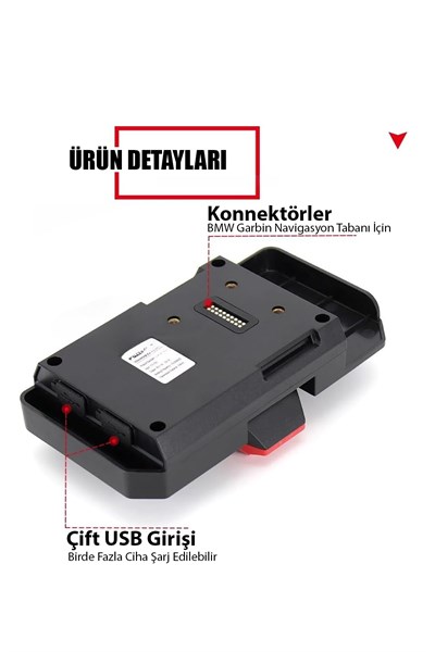 BMW GS Uyumlu Kablosuz Şarjlı Telefon Tutacağı Tüm Yıllar ABS Plastik Siyah Kırmızı Renk
